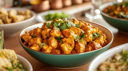 Vibrant Indian Inspired Table Setup Featuring a Bowl of Flavorful Dish Surrounded by Various Dishes and Fresh Ingredients for a Delightful Dining Experience