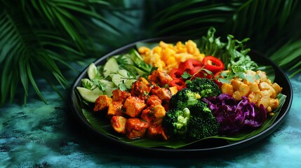 Vibrant Curry Platter Served on Banana Leaf with Colorful Vegetables and Fresh Herbs for an Exquisite Culinary Experience