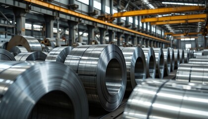 Fototapeta premium Steel coils in a factory, designed for industrial use, with perfect composition and depth of field. Ultra-detailed, with space left for text.