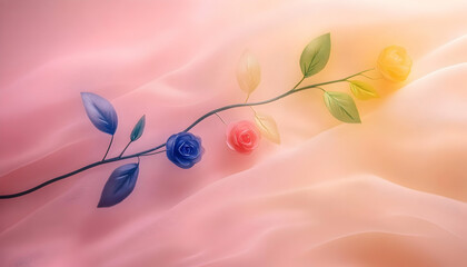 Colorful rose branch on pink silk fabric, soft lighting, artistic still life, ideal for greeting cards or websites