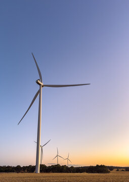 four towering white wind turbines on farming land at dusk