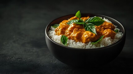 A Delicious Curried Chicken Dish Served on a Bed of Rice with Fresh Basil Leaves in a Dark Ambient Setting for Culinary Inspiration