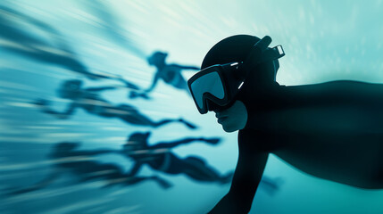 High-tech underwater marathon where participants navigate challenges in advanced diving gear, blending endurance, navigation skills, and energy management in a cutting-edge aquatic sports environment.