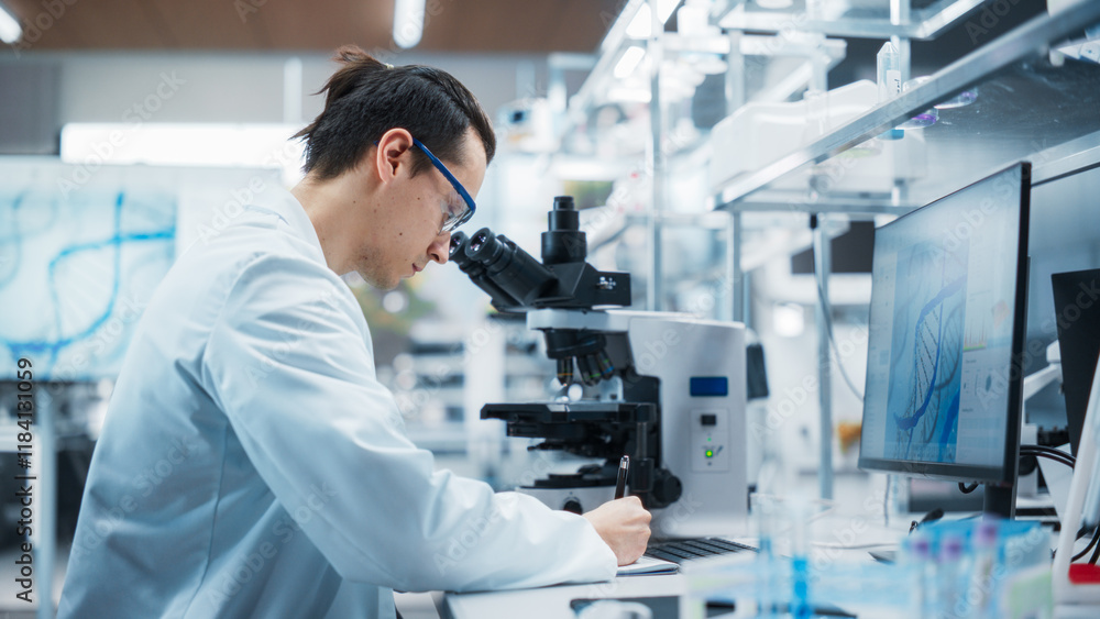 Poster Genetic Research and Development Laboratory: Young Science Student Working on a Computer and Looking at a Genetic Sample Under a Microscope. Advanced Biotechnology Lab with Modern Equipment