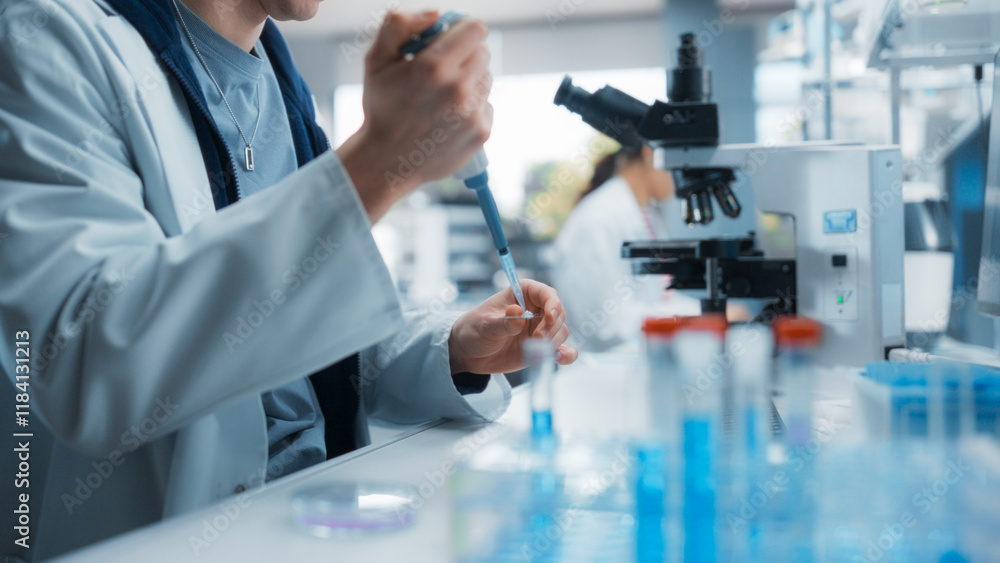 Poster medical research laboratory: scientist using micropipette to analyze samples under microscope. advan