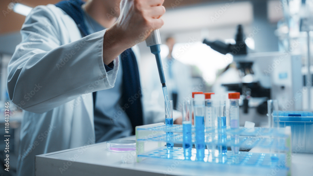 Poster medical research laboratory: scientist using micropipette to analyze samples under microscope. advan