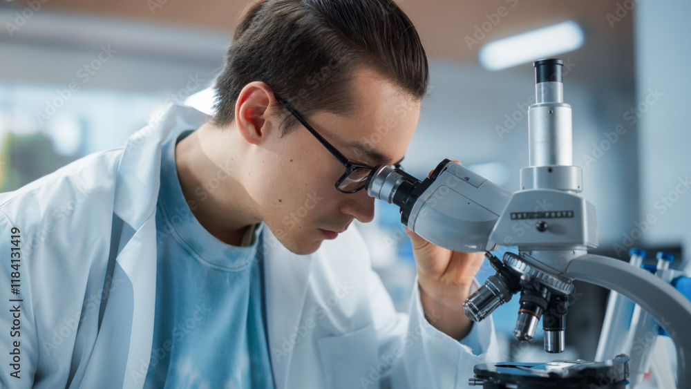 Poster cinematic portrait of a young graduate student working in a laboratory, using advanced microscope. m
