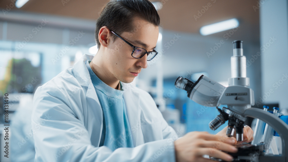 Poster genetic research and development laboratory: portrait of a young science student working and looking