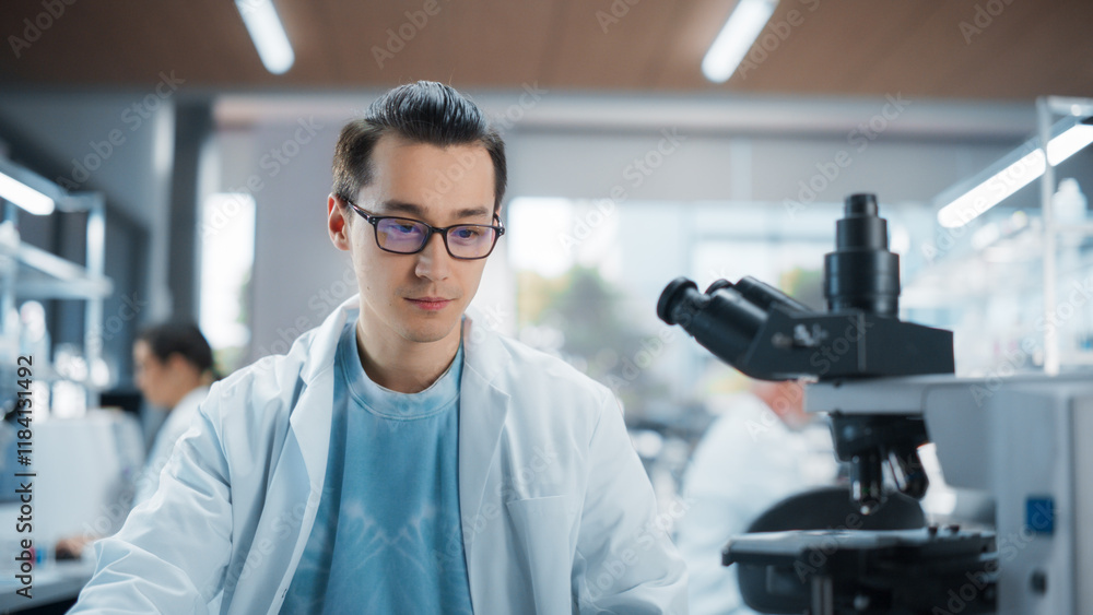 Poster Genetic Research and Development Laboratory: Portrait of a Young Science Student Working and Looking at a Sample Under a Microscope. Advanced Biotechnology Lab with Modern Equipment