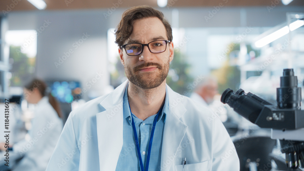 Poster portrait of a bearded young lab engineer in white coat looking at camera and smiling. medical resear