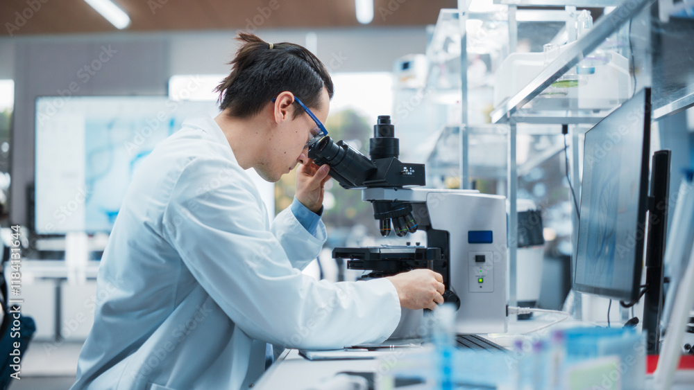 Poster Genetic Research and Development Laboratory: Young Science Student Working on a Computer and Looking at a Genetic Sample Under a Microscope. Advanced Biotechnology Lab with Modern Equipment