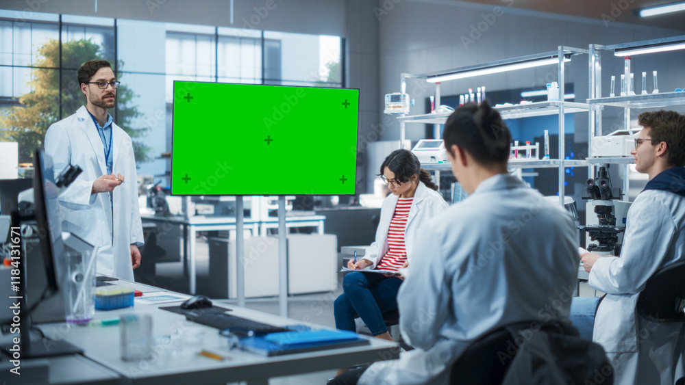 Poster group of students listening to their biology professor who uses tv monitor with green screen templat