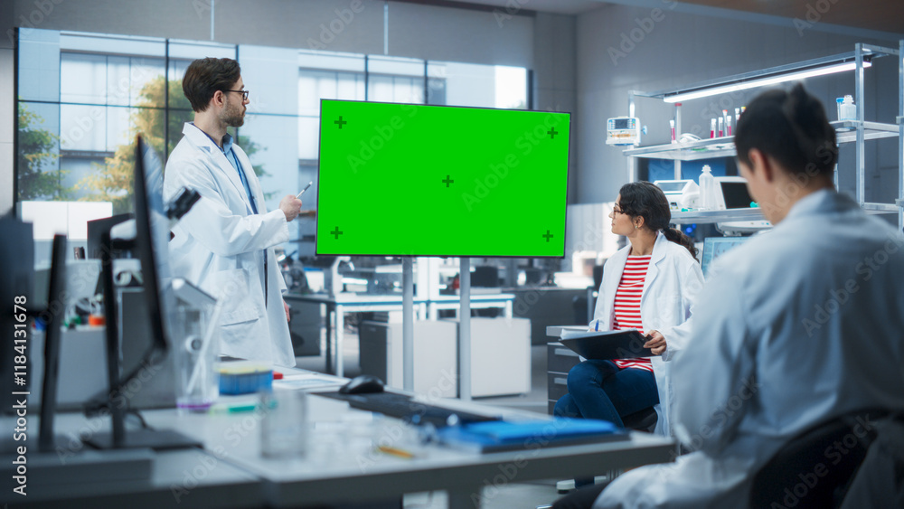 Poster group of students listening to their biology professor who uses tv monitor with green screen templat
