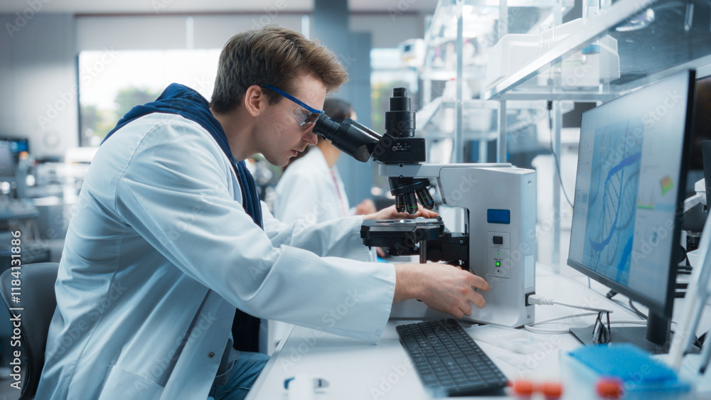 Poster Genetic Research and Development Laboratory: Young Science Student Working on a Computer and Looking at a Sample Under a Microscope. Advanced Biotechnology Lab with Modern Equipment