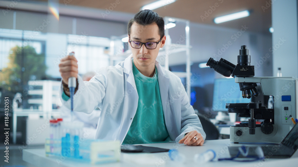 Poster medical research laboratory: portrait of a handsome scientist using micropipette to analyze samples 