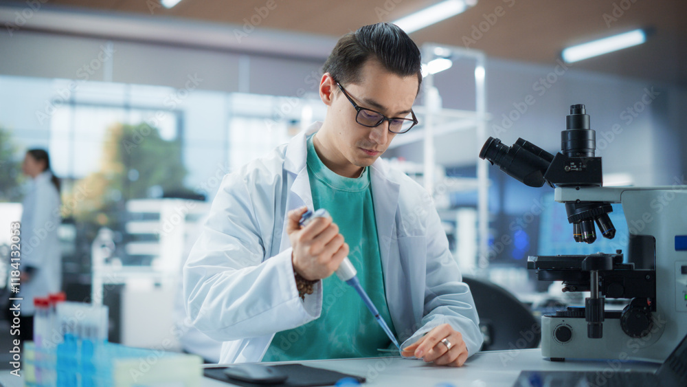 Poster medical research laboratory: portrait of a handsome scientist using micropipette to analyze samples 