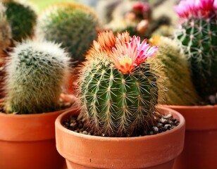 blooming cacti in terracotta pots close up