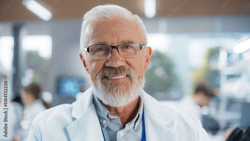 Aufkleber portrait of a handsome senior lab engineer in white coat looking at camera and smiling. middle aged 