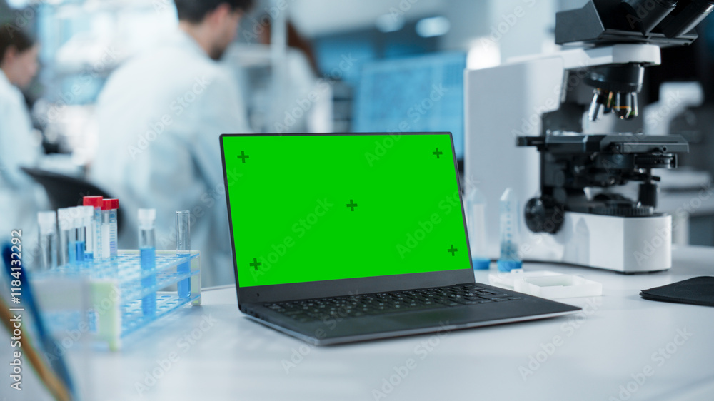 Fototapete Laptop Computer with Green Screen Mock Up Display Standing on a Table in a Science Laboratory Next to a Microscope and Test Tubes with Biological Samples. Anonymous People Working in the Background