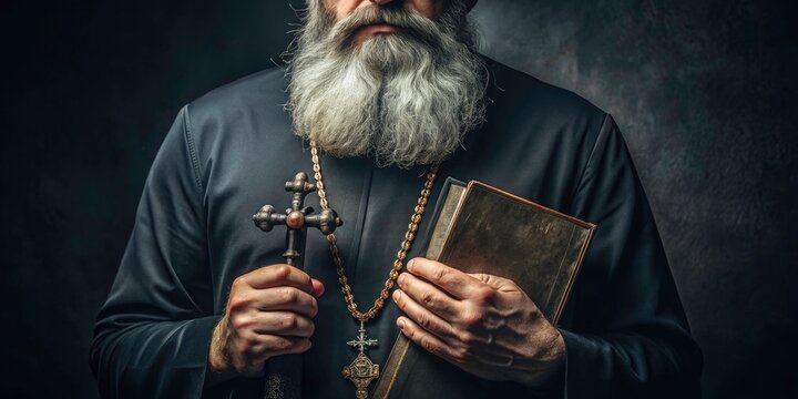 Deep depth of field captures the pious Orthodox priest, his silver cross gleaming, immersed in prayer over the sacred text.