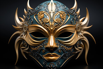 Naklejka premium Intricate Decorative Mask with Elegant Swirls and Golden Accents, Displaying Artistic Craftsmanship and Vibrant Colors Suitable for Festive Celebrations and Theatrical Performances