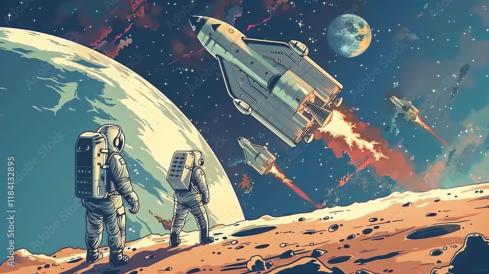 Aufkleber astronauts on a moon-like planet watching spaceships launch into the starry sky.