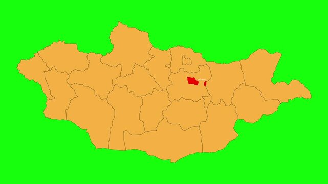 Ulan Bator map animated video. The location is highlighted on the Mongolia map. Colour map with Green screen background in video format.	