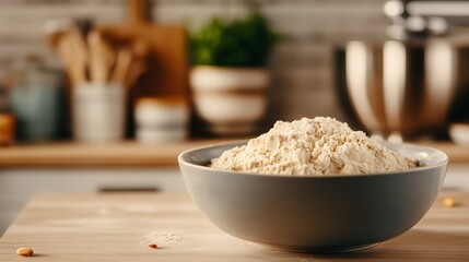 Preparation of Almond Paste with Sugar at a Cozy Kitchen Setting, Highlighting Mixing Ingredients in a Stylish Bowl on a Wooden Surface