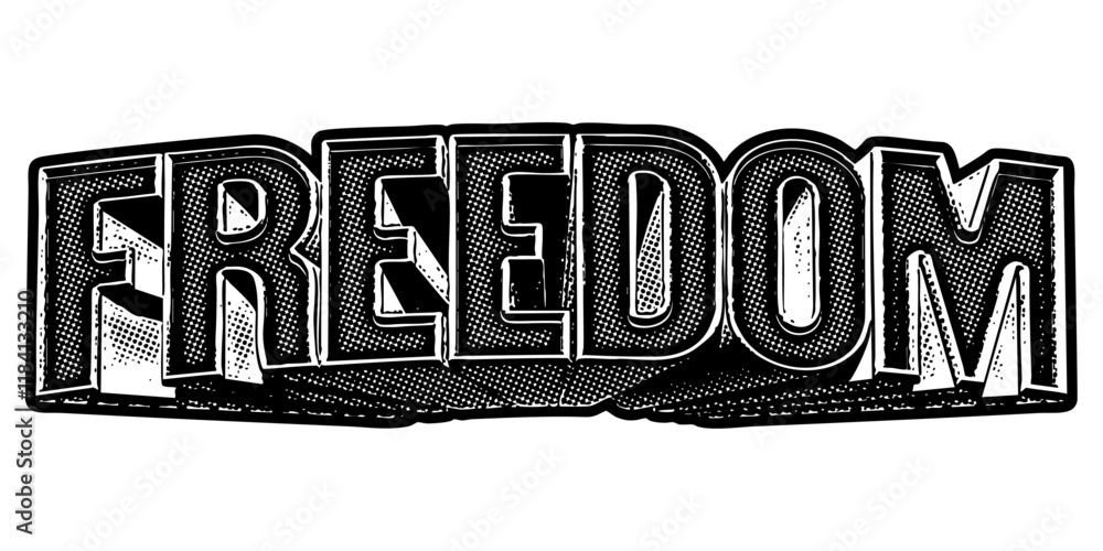 Aufkleber word ‘freedom’ written in three-dimensional one-point perspective retro extruded block letters with 