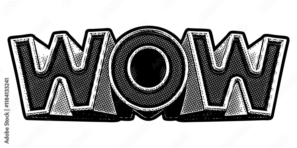 Poster word ‘wow’ written in three-dimensional one-point perspective retro extruded block letters with grai