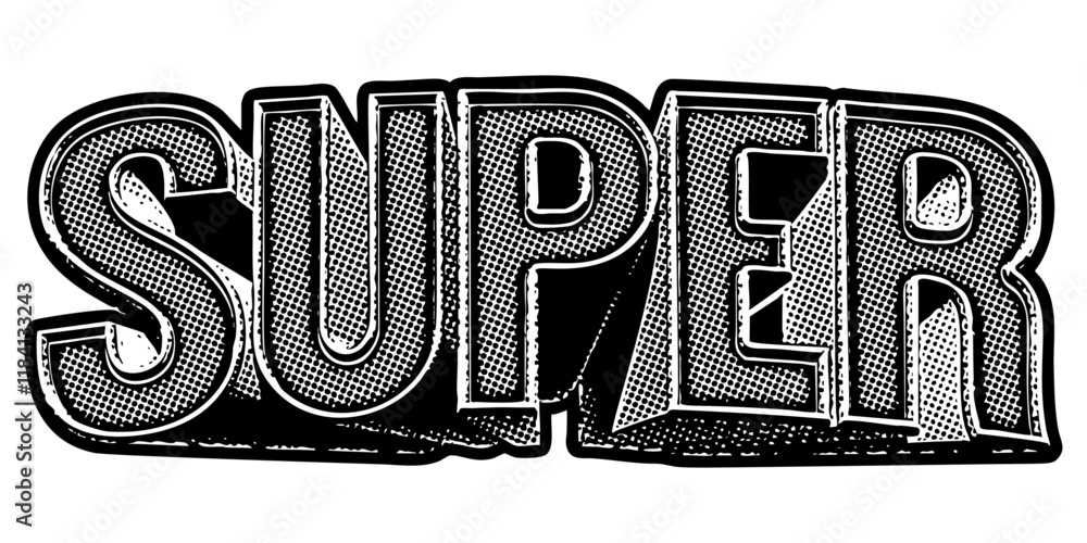 Aufkleber word ‘super’ written in three-dimensional one-point perspective retro extruded block letters with gr