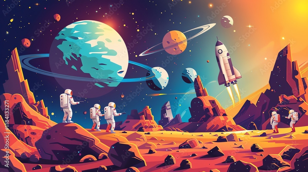 Poster an illustration of astronauts on a planet with a rocket taking off and a large planet in the backgro