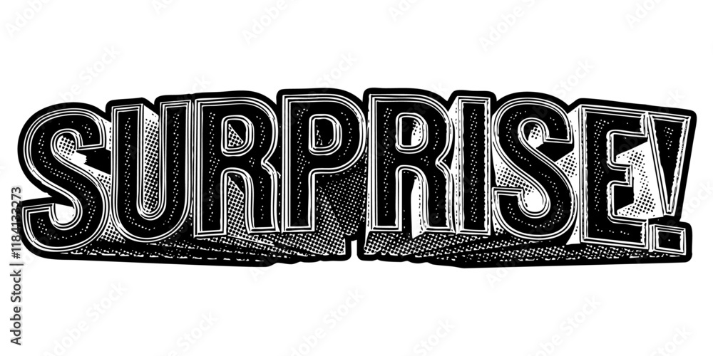 Poster word ‘surprise!’ written in three-dimensional one-point perspective retro extruded block letters wit