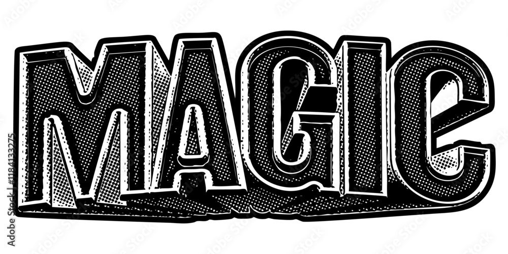 Aufkleber word ‘magic’ written in three-dimensional one-point perspective retro extruded block letters with gr