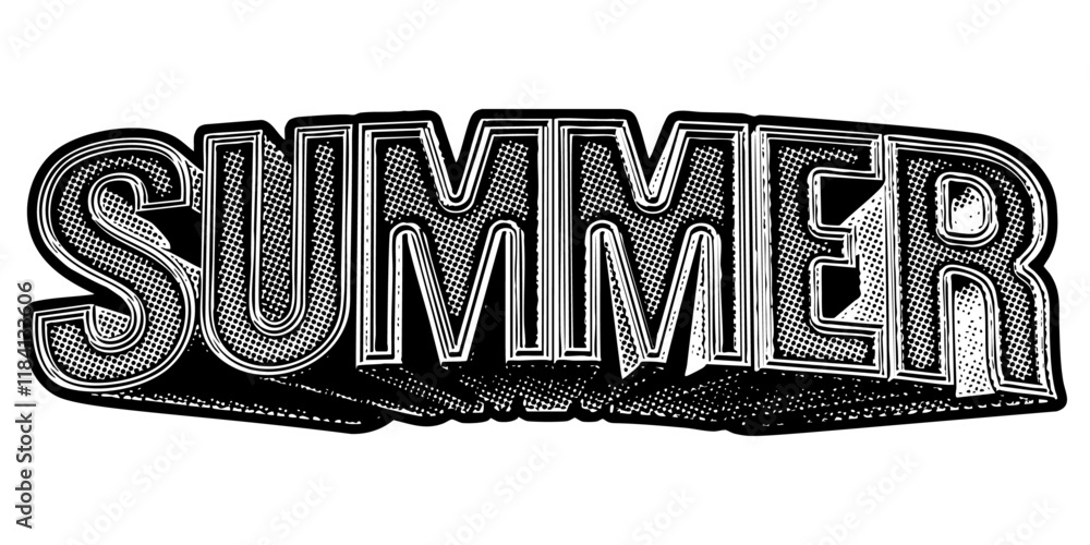 Aufkleber word ‘summer’ written in three-dimensional one-point perspective retro extruded block letters with g