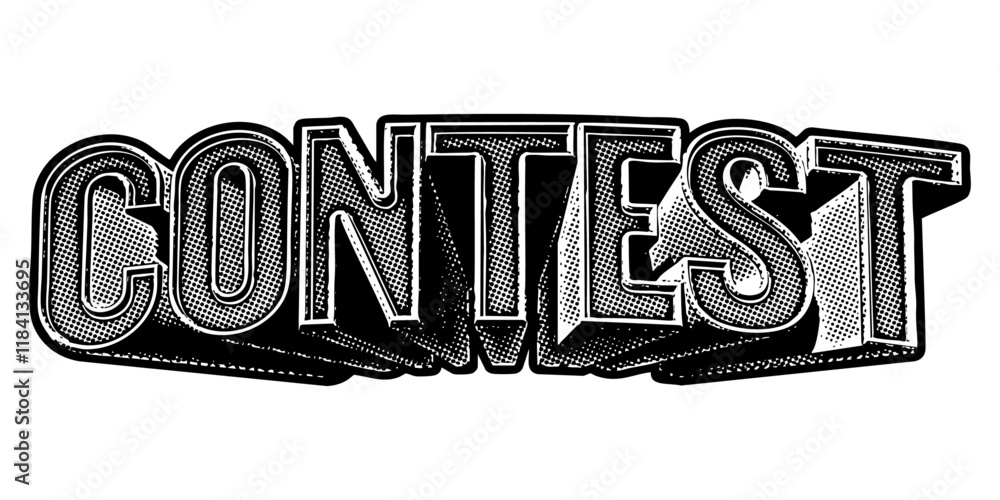 Poster word ‘contest’ written in three-dimensional one-point perspective retro extruded block letters with 