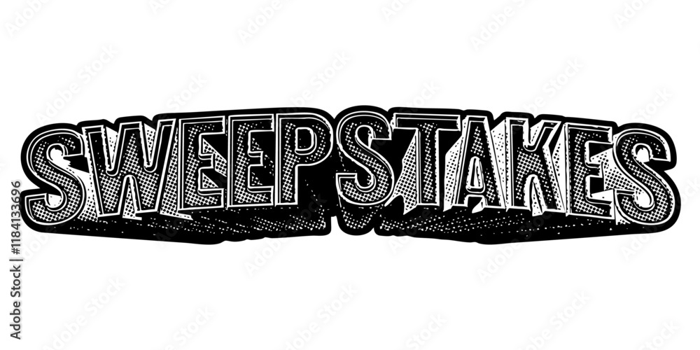 Poster word ‘sweepstakes’ written in three-dimensional one-point perspective retro extruded block letters w
