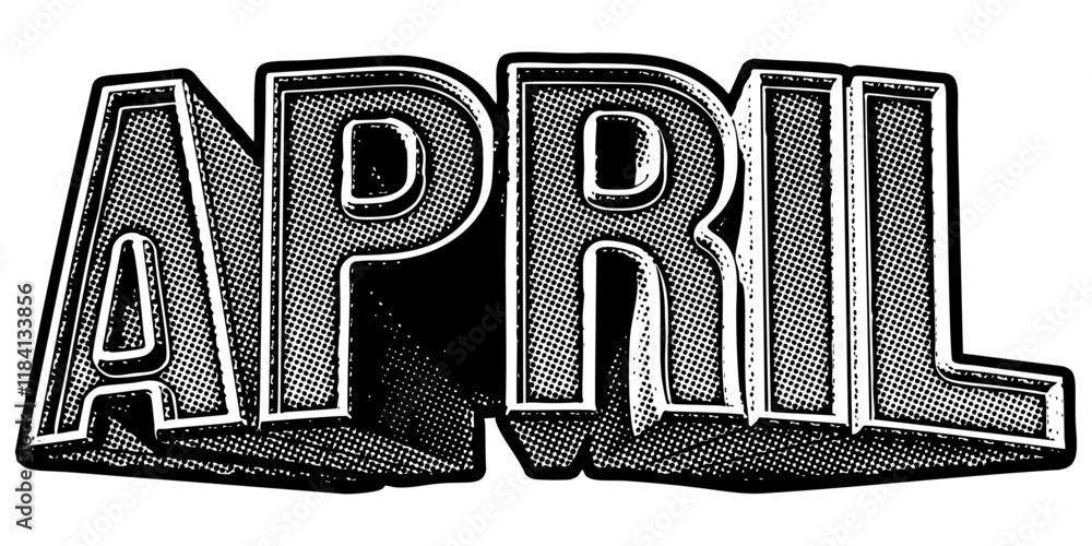 Poster month ‘april’ written in three-dimensional one-point perspective retro extruded block letters with g