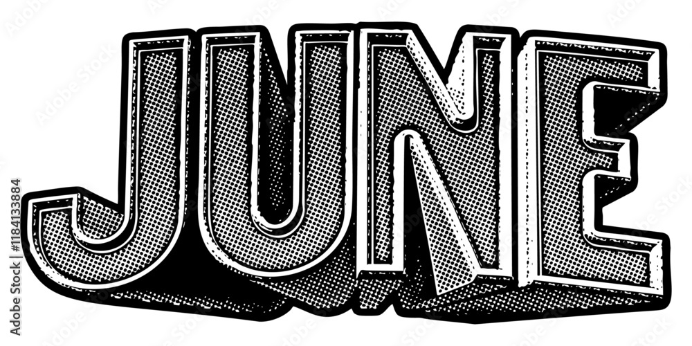 Poster month ‘june’ written in three-dimensional one-point perspective retro extruded block letters with gr