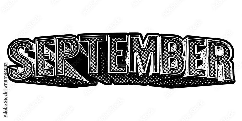Poster month ‘september’ written in three-dimensional one-point perspective retro extruded block letters wi