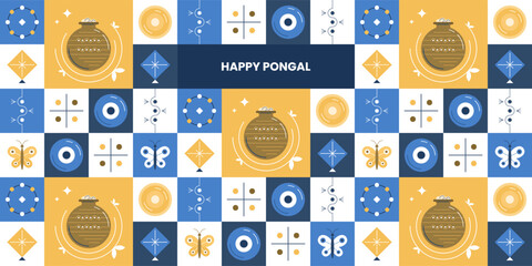 Happy pongal geometric pattern design with pongal pots, butterflies, and more. Pattern design for poster, cover, post, etc.
