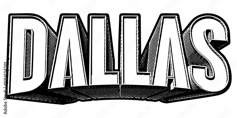 Poster ‘dallas’ written in three-dimensional one-point perspective retro extruded block letters with grainy