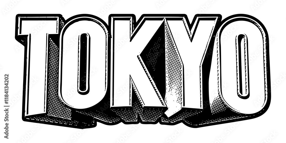 Poster ‘tokyo’ written in three-dimensional one-point perspective retro extruded block letters with grainy 