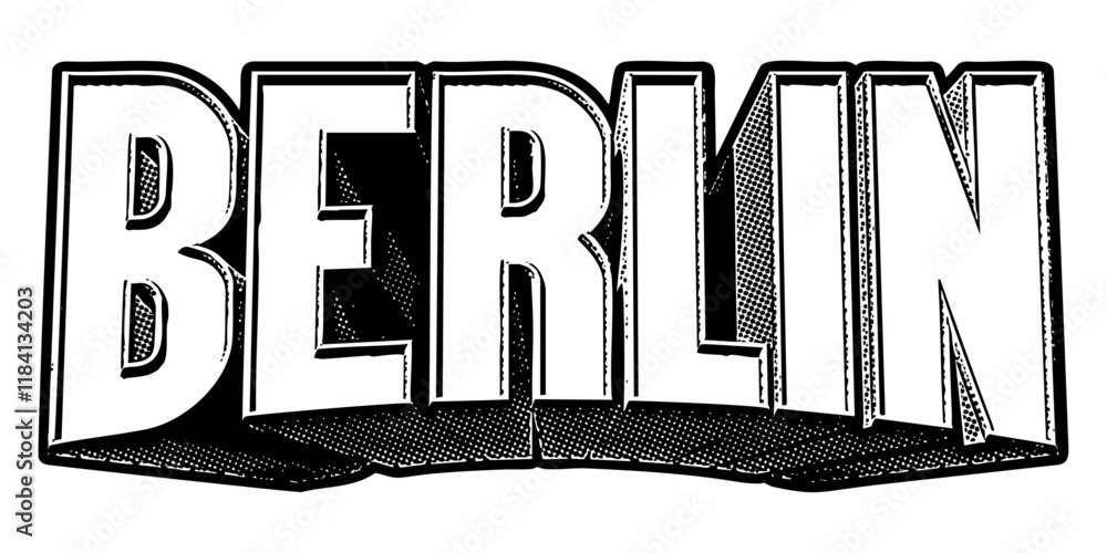 Poster ‘berlin’ written in three-dimensional one-point perspective retro extruded block letters with grainy