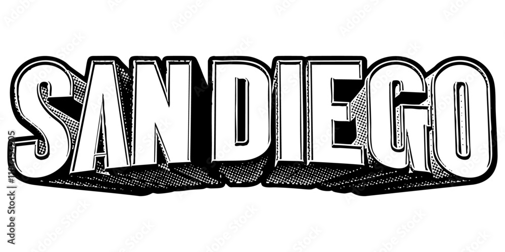 Poster ‘san diego’ written in three-dimensional one-point perspective retro extruded block letters with gra