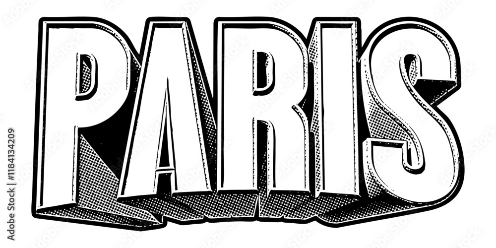 Poster ‘paris’ written in three-dimensional one-point perspective retro extruded block letters with grainy 