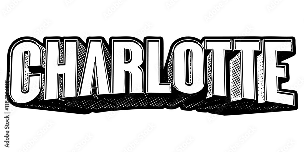 Poster ‘charlotte’ written in three-dimensional one-point perspective retro extruded block letters with gra