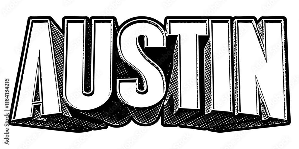 Poster ‘austin’ written in three-dimensional one-point perspective retro extruded block letters with grainy