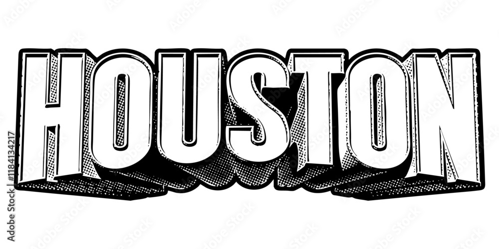 Aufkleber ‘houston’ written in three-dimensional one-point perspective retro extruded block letters with grain