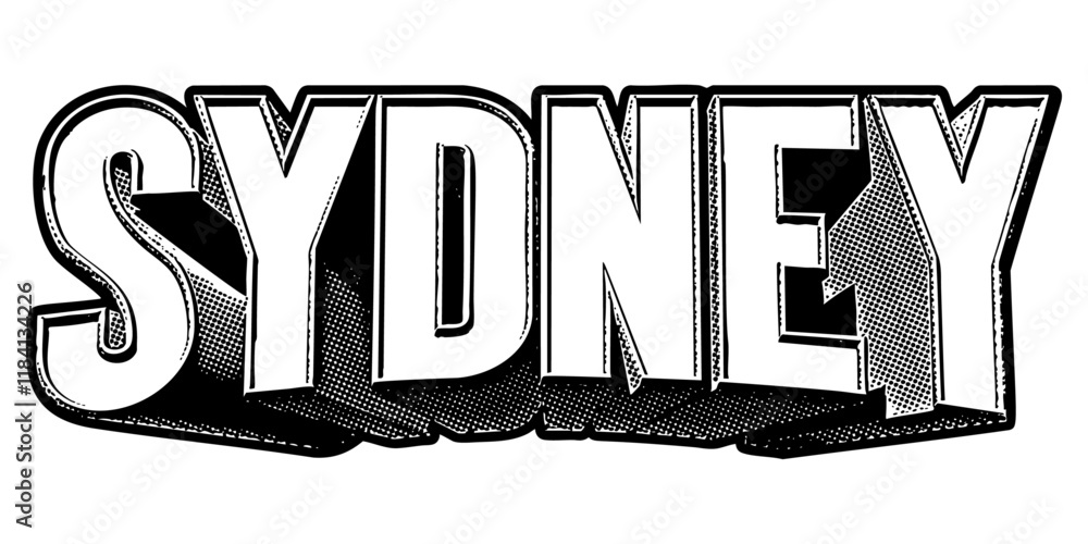Poster ‘sydney’ written in three-dimensional one-point perspective retro extruded block letters with grainy